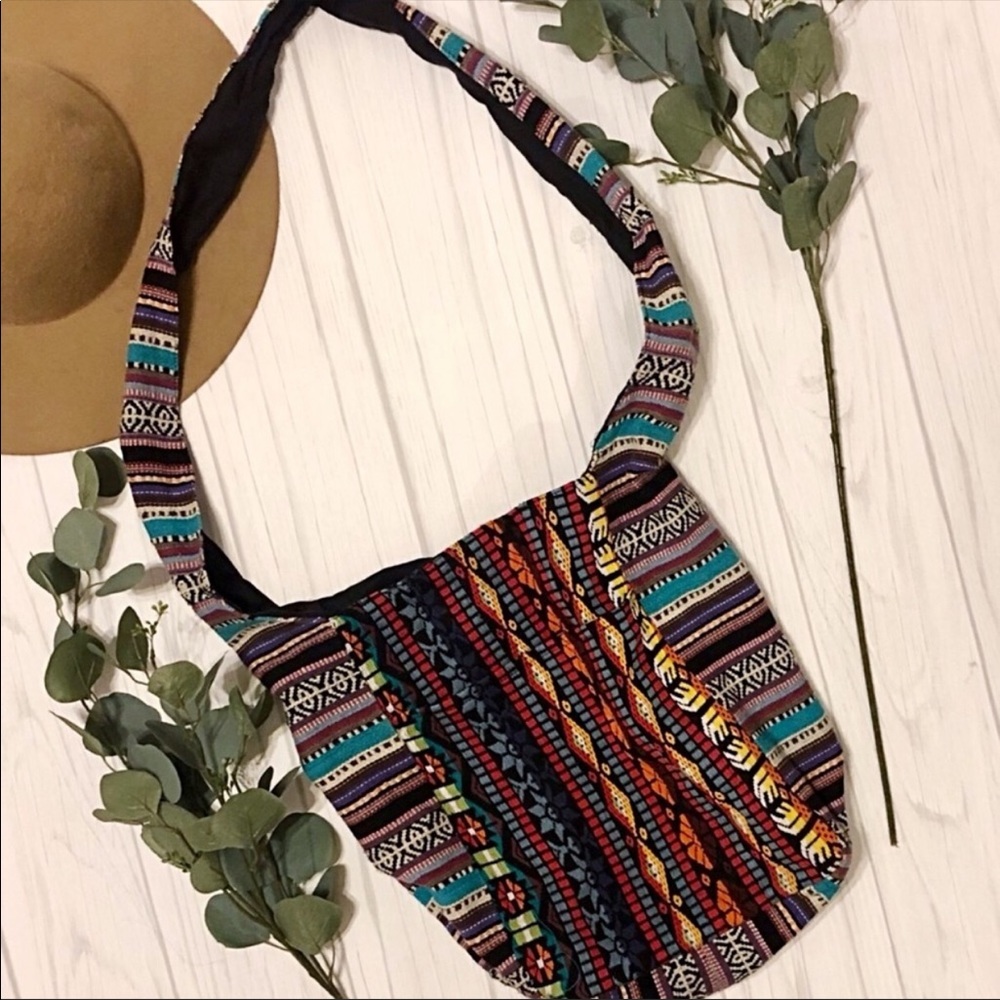 Boho Tribal Pouch Sling Tote Bag w Side Pockets.